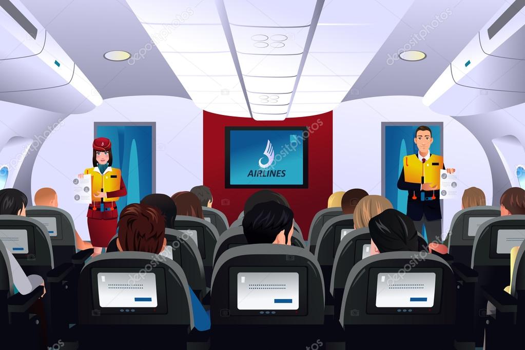 Flight attendant showing safety procedure to passengers