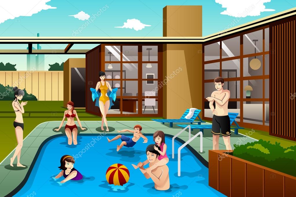 Familia y amigos pasan tiempo en la piscina del patio trasero vector