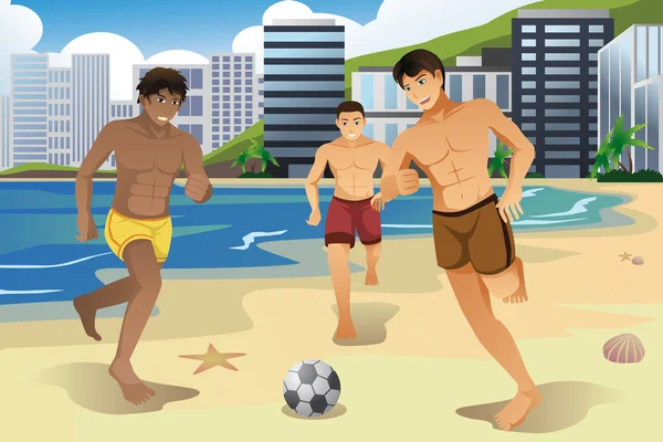 Hombres jugando al fútbol en la playa — Vector de stock