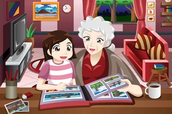 Mormor och barnbarn tittar på bild album — Stock vektor