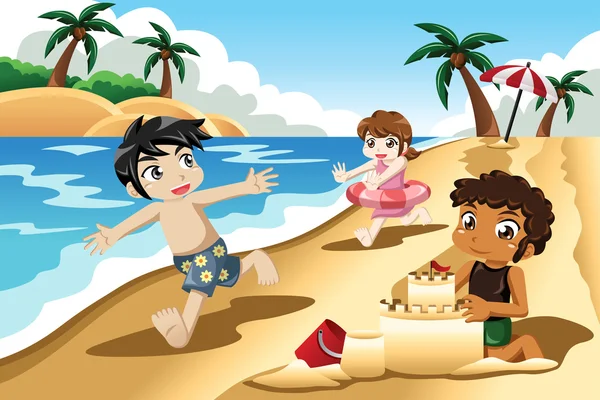Enfants jouant sur la plage — Image vectorielle