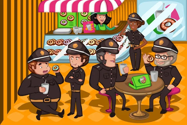 Policías en una tienda de rosquillas — Vector de stock