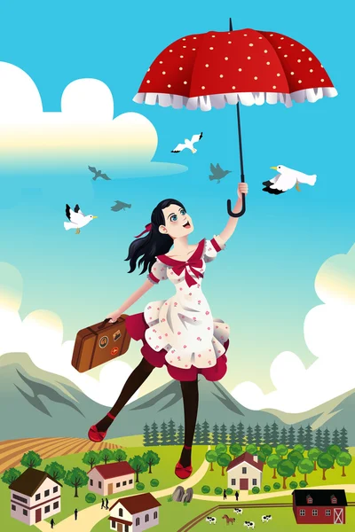 Donna con un ombrello che vola in aria — Vettoriale Stock