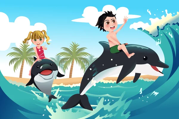 Niños felices jugando con delfines en el océano — Vector de stock