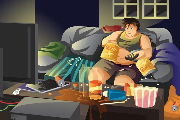 Τεμπέλης άνθρωπος τρώει πατατάκια και βλέποντας τηλεόραση — Διανυσματικό Αρχείο