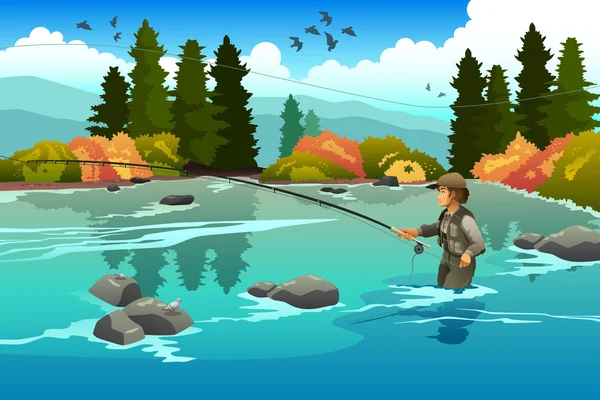 Hombre pescando en un río — Vector de stock