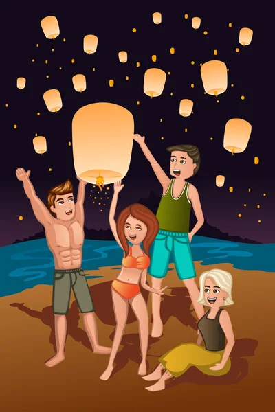 Jonge mensen vrijgeven van papieren lantaarns — Stockvector