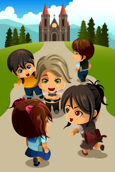 Kids going to church — Stock Vector