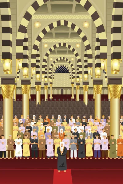 Musulmanes rezando juntos en una mezquita — Vector de stock