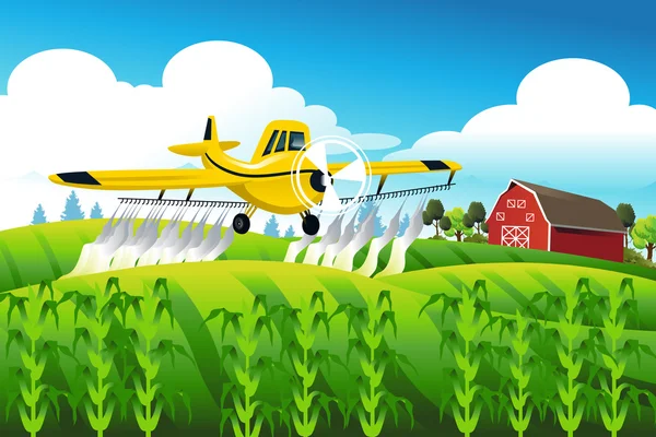 Crop duster flying over a field — Stock Vector