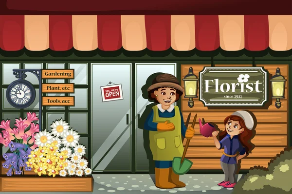 Tuinman in een bloemenwinkel met kind — Stockvector