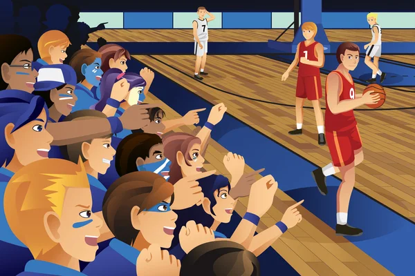 Estudiantes universitarios animando a su equipo en un partido de baloncesto — Vector de stock