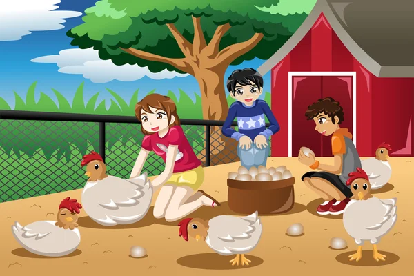 Niños recogiendo huevos de la granja — Vector de stock