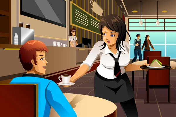 Waitress in a restaurant serving customers — Stock Vector