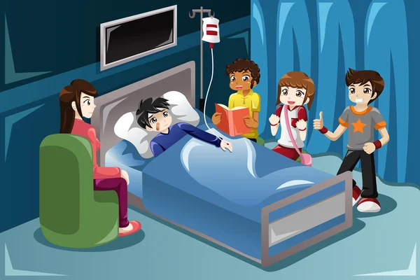 Niños visitando a su amigo en el hospital — Vector de stock