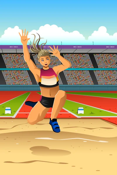 Female athlete makes long jump in competition — Stock Vector