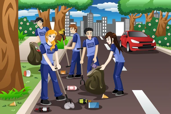 Niños voluntarios limpiando el camino — Archivo Imágenes Vectoriales