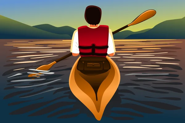 Man riding a kayak in the lake — Stock Vector