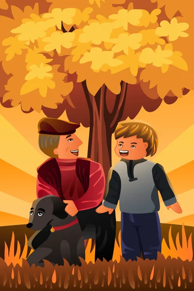 Father playing with his son and their dog — Stock Vector