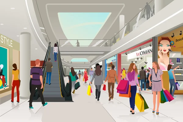 Les gens qui font du shopping dans un centre commercial — Image vectorielle