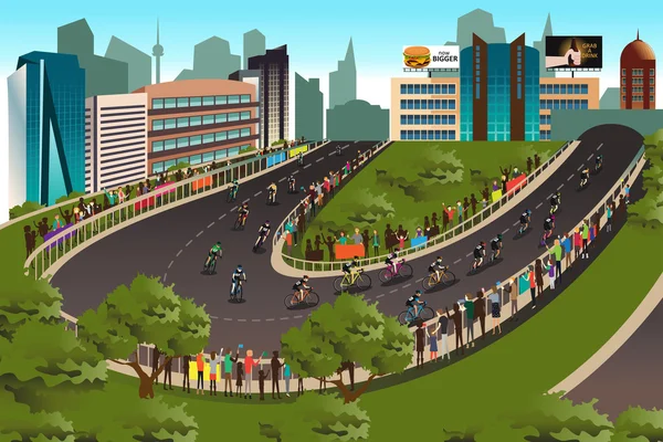 Ciclismo competencia con la ciudad en el fondo — Vector de stock