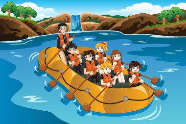 Çocuklar bir nehirde rafting
