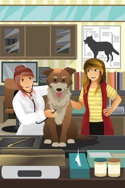 Veterinarian examining a cute dog — Stock Vector