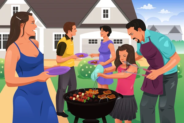 Amigos se reúnen para la fiesta de barbacoa — Vector de stock