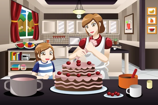 Mother Daughter Decorating a Cake — Stock vektor