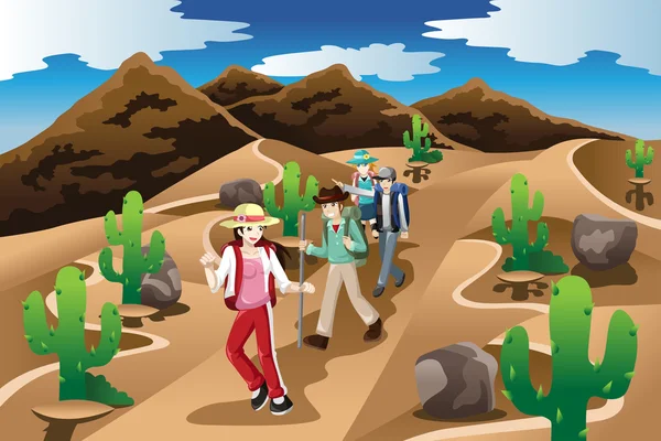 People Hiking in the Desert — Stock Vector