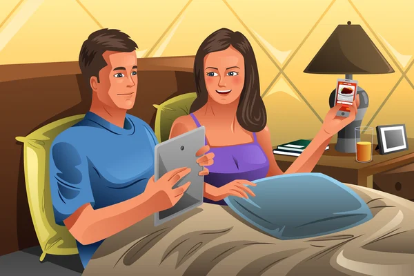 Casal usando tecnologia na cama —  Vetores de Stock