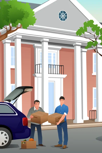 Pai ajudando seu filho adolescente a se mudar para um novo campus —  Vetores de Stock
