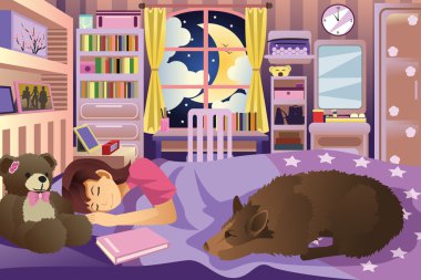 Onun köpeği ile onun odasında uyuyan kız