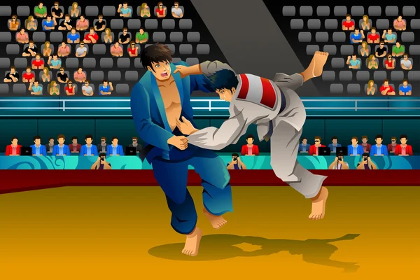 Hombres haciendo Judo en la competencia — Vector de stock