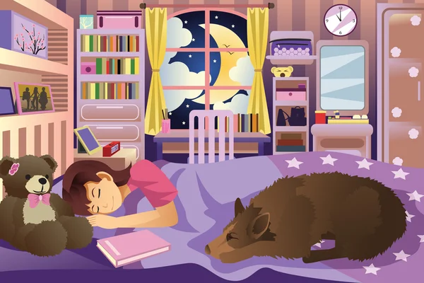 Chica durmiendo en su habitación con su perro — Vector de stock