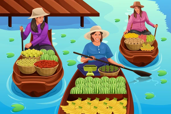 Woman Selling Fruit in a Floating Market — Stock Vector