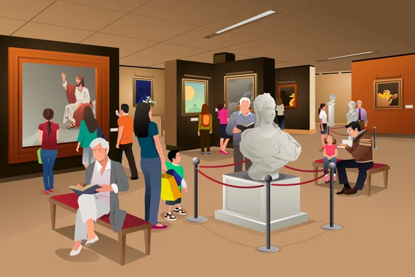Personnes à l'intérieur d'un musée d'art — Image vectorielle