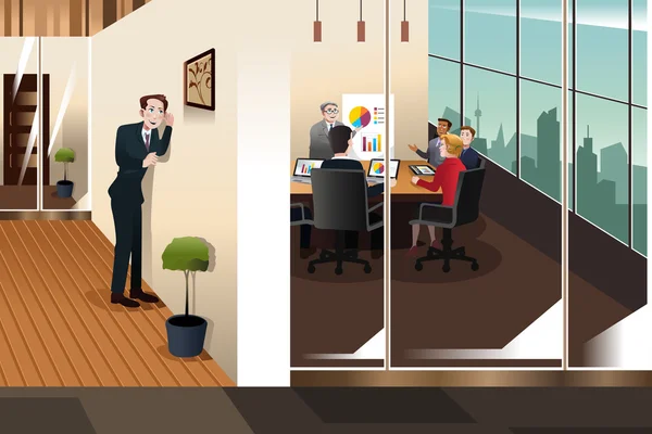 Homme d'affaires À l'écoute de la conversation dans une salle de réunion — Image vectorielle