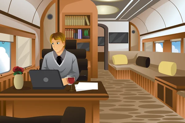 Homme d'affaires voyageant dans un luxueux jet privé — Image vectorielle