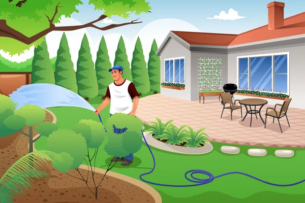 Man watering his grass and garden — Stock Vector