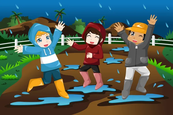 Niños jugando bajo la lluvia — Vector de stock