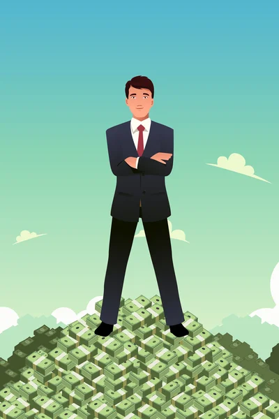 Businessman Standing on Top of Pile of Money — Stock Vector