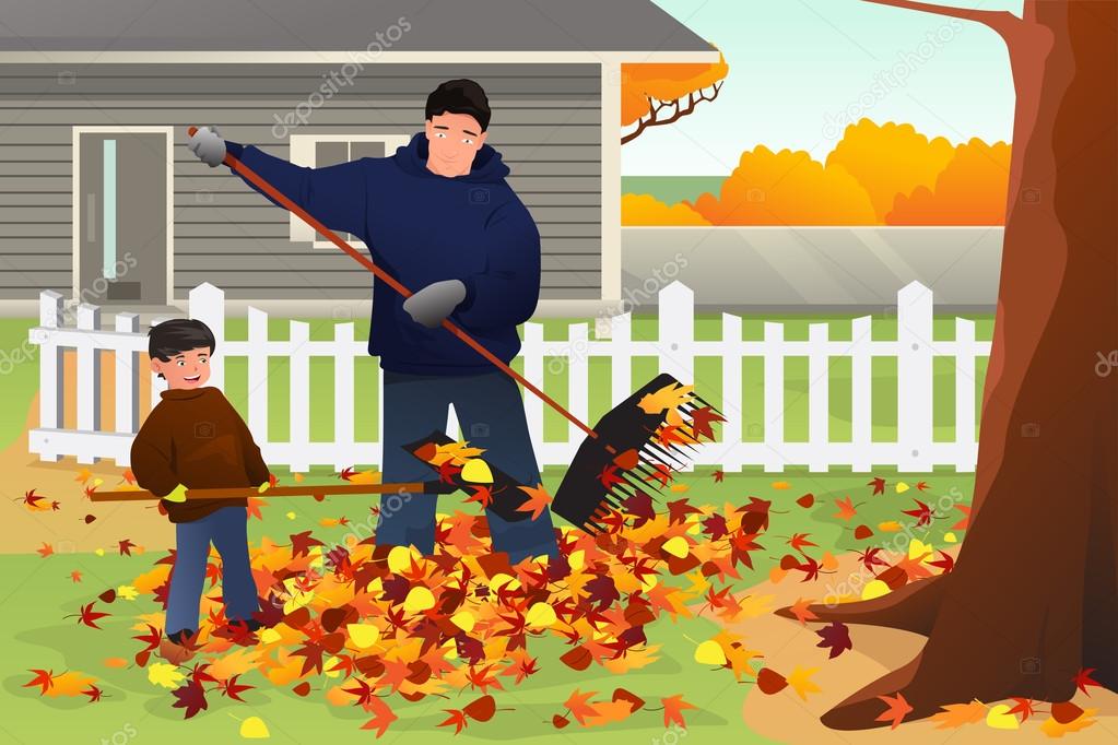 Father and Son Raking Leaves in the Yard During Fall Season Stock ...