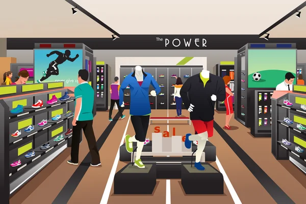 Mensen winkelen voor schoenen in een sportieve winkel — Stockvector