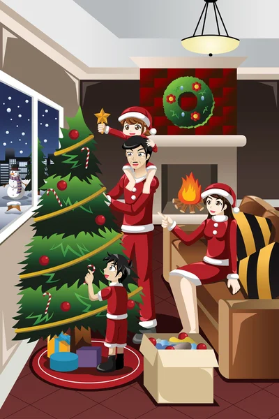 Noel ağacı süsleme yardım ebeveynler çocuklar — Stok Vektör