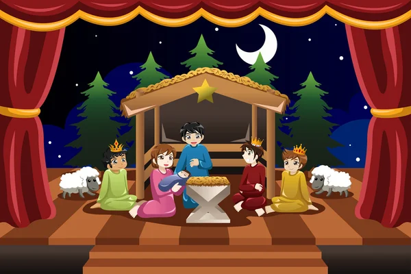 Kids Playing in Christmas Drama — Stock Vector