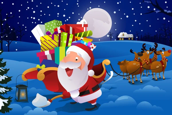 Weihnachtsmann mit Schlitten Schnee schippen — Stockvektor