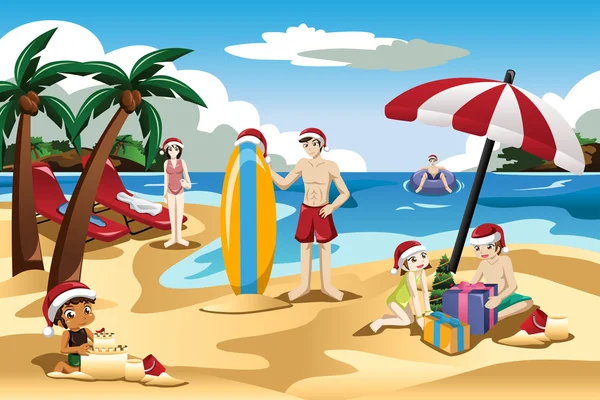 Rodzina obchodzi Boże Narodzenie na plaży — Wektor stockowy
