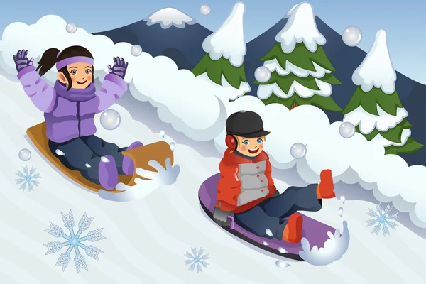 孩子们玩雪橇 — 图库矢量图片