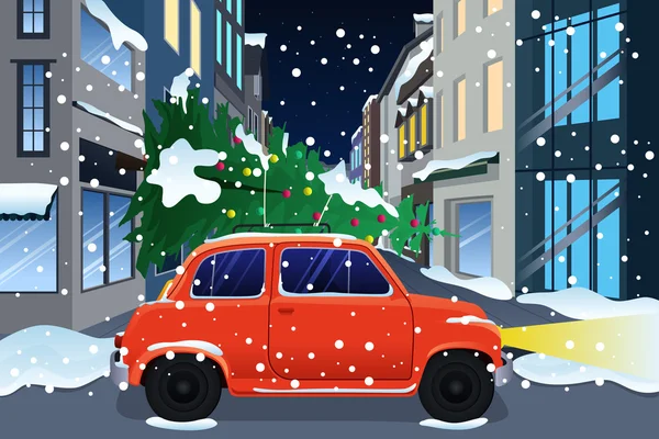 Car Carrying Christmas Tree — Stock Vector